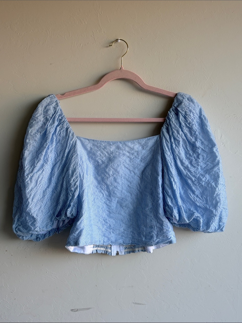 KOCH Women’s Small Blue White Striped Puff Sleeve Crop Blouse